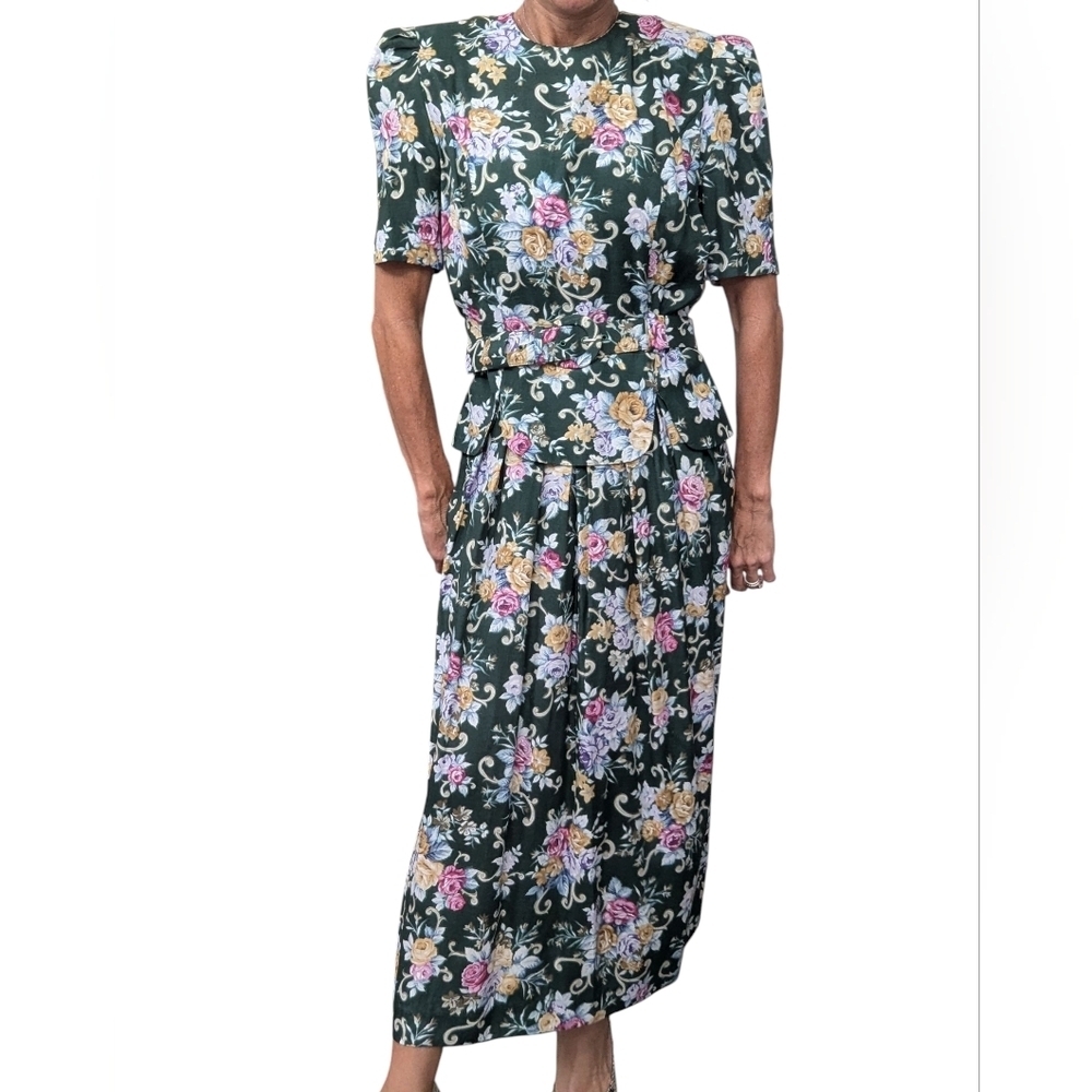 Vintage Karin Stevens Ruffled Green Floral Belted Midi Party Dress Size 8
